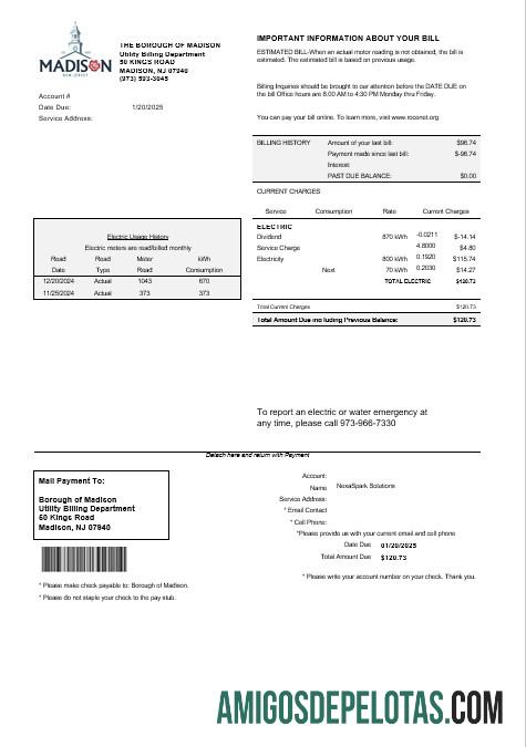 imprimível Modelo de conta de serviços públicos do bairro de Madison, EUA, Nova Jersey, em formatos Word e PDF